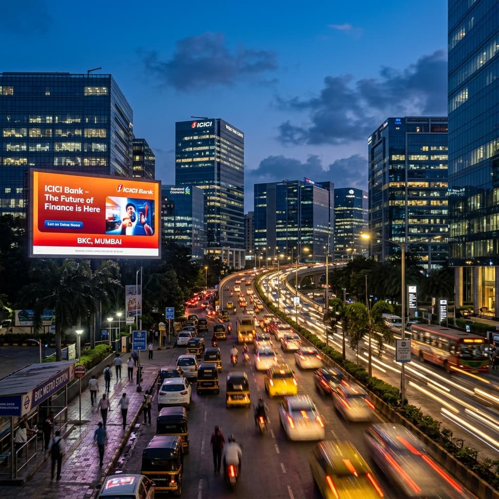Premium digital advertisement billboard screen glowing near Bandra Kurla Complex (BKC) in Mumbai at twilight